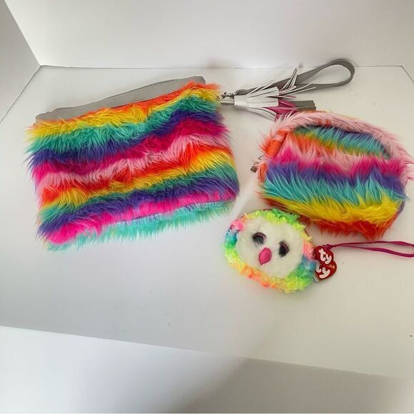 Handbags - Rainbow faux fur wristlet with change wallet